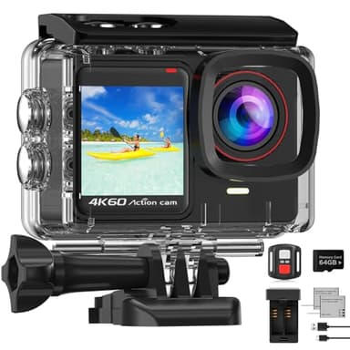 4K/60FPS Action Cam con 64GB SD Card, 8X Zoom 24MP Fotocamera Subacquea 131FT Fotocamere Impermeabili Sportive Cam con Telecomando 2 * 1350mAh Batterie Kit Accessori Casco
