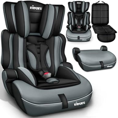 KIDUKU Seggiolino auto con coprisedile, cresce con il bambino, sedile, universale, approvato con la normativa ECE R129/03, 9-36 kg (1-12 anni), gruppo 1+2+3 (Nero-Grigio)