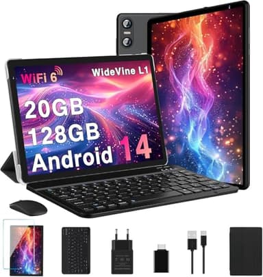 Biegedy Tablet 10 Pollici Android 14 Tablet 20GB RAM+128GB ROM (1TB TF), Tablets 5G/2.4G WiFi 6 Octa-Core, Widevine L1/GMS/Bluetooth 5.0/6000mAh/5+8MP, Tablet 2 in 1 Tastiera+Mouse - Nero
