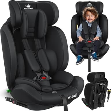 KIDIZ® Seggiolino auto per bambini con Isofix, gruppo 1 + 2 + 3, 9 – 36 kg, cintura di sicurezza a 5 punti, seggiolino auto, seggiolino auto, poggiatesta regolabile, rialzo per 1 – 12 anni, stabile e