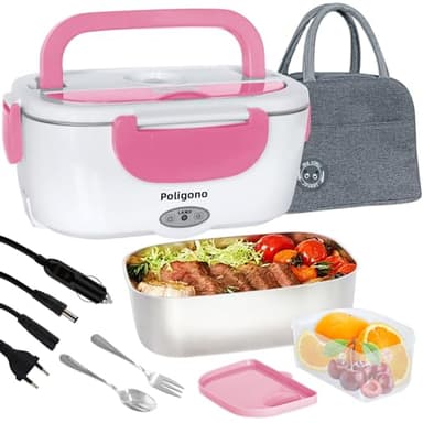 Poligono Scaldavivande Elettrico Portatile con Borsa Termica, Lunch Box 1.5L Portavivande Termico Elettronico Portatile in Acciaio Inox, Porta Pranzo da Ufficio e Auto(55W 220V), Rosa