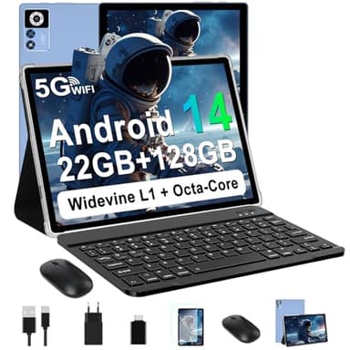 ZIOVO Android 14 Tablet 10 Pollici, 22GB RAM+128GB ROM (TF 1TB), 5G WiFi Tablets, Supporto Widevine L1/Octa-Core/8000mAh/Corpo Metallico/8+5MP, 2 in 1 Tablet PC con Tastiera e Mouse- Blu