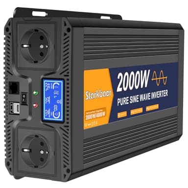 Starkbaer 2000w Inverter Onda Sinusoidale Pura 12v a 220v/230v Trasformatore di Potenza Convertitore Con Telecomando Display LCD, 2 Prese EU & 1 Porte 2.4A USB e 1 Type-C per Auto,Camion Camper