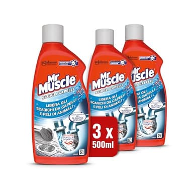 Mr Muscle Sciogli Capelli, Disgorgante per Capelli e Peli di Animali, Sicuro per i Tubi - Formato scorta da 3 pezzi da 500ml