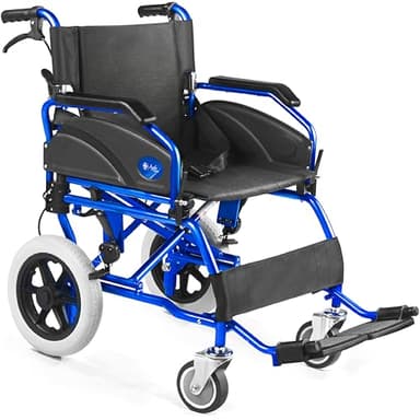 AIESI® Sedia a Rotelle pieghevole super-leggera da transito in alluminio con freno per disabili ed anziani AGILA TRANSIT, Doppio sistema di frenata, Cintura di sicurezza, Garanzia Italia 24 mesi