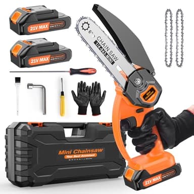 Mini motosega da 6 pollici a batteria, motosega a batteria da 21V/2Ah per potatura rami con 2 batterie, motosega elettrica portatile a mano con blocco di sicurezza, per taglio legno e potatura alberi