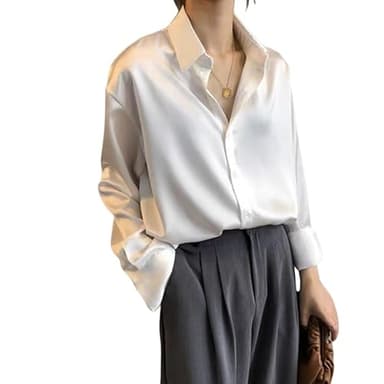 Camicia alla Moda Primaverile con Bottoni in Raso di Seta Camicetta Vintage da Donna Top Bianchi Camicie da Strada Larghe da Donna a Maniche Lunghe da Donna