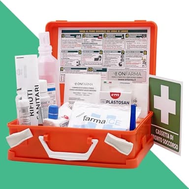 FARMA1 Cassetta pronto soccorso COMPLETA DI CARTELLO PRIMO SOCCORSO conforme DM 388 allegato 2 per aziende fino a 2 lavoratori e mezzi aziendali