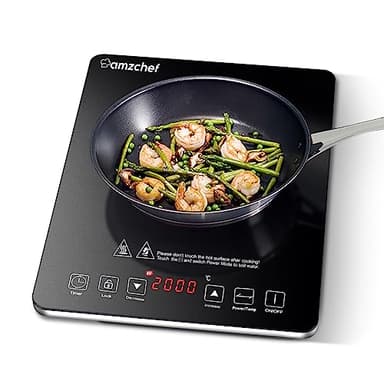 Piastra ad induzione,AMZCHEF piano Cottura a induzione elettrica con superficie in vetro cristallo nero lucido, design portatile ultrasottile, controllo touch sensor e blocco di sicurezza,2000W