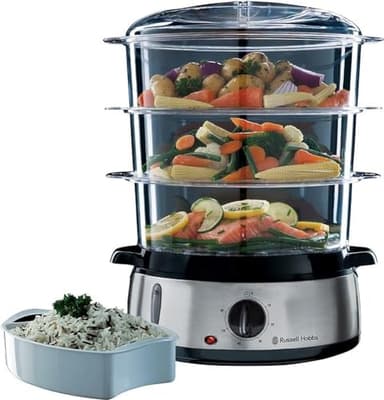Russell Hobbs Vaporiera 9,0 l - Multicottura: 3 contenitori per cottura a vapore lavabili in lavastoviglie - Ciotola per Riso; 6 portauova; timer 60 minuti; Spegnimento automatico; No BPA, 19270-56