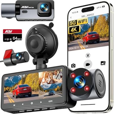 AQV 4K Dash Cam Auto, 5G WiFi 3-Canali Telecamera per Auto 2.5K+1080P+1080P, Visione Notturna,Registrazione in Loop,con Scheda SD da 64GB,3.16" IPS,Sensore G,WDR,24H Monitor di Parcheggio,Max 256GB