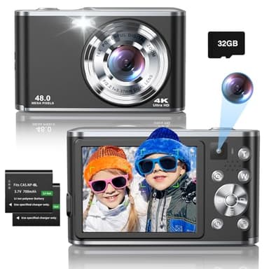 4K Macchina Fotografica Digitale con Doppia Fotocamera,48MP Fotocamera Digitale compatte con Scheda da 32GB, Zoom Digitale 16X e 2 Batterie per Ragazzi per Principianti