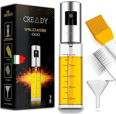 CREADY® | Spray Olio da cucina in acciaio inox 100ml | Dispenser olio spray con detergente | Spray olio spray friggitrice aria | Oliera Spray | Spruzzatore Olio Spray