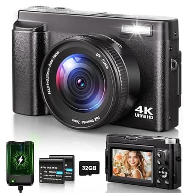 Fotocamera Digitale 4K, 48MP Autofocus Macchina Fotografica con Zoom 16X, Vlog Fotocamera Compatta HD con Stazione di Ricarica, 2 Batterie da 800 mAh, Scheda da 32 GB per Principianti, Bambini