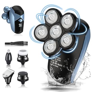 Rasoio Elettrico Barba, 6 IN 1 Testine Rotanti Rasoio Testa Calva IPX7 Impermeabile Tagliacapelli Uomo Wet & Dry USB Ricaricabile 100% Lavabile Tagliacapelli Professionale Regolabarba Senza Fili