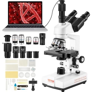 VEVOR Microscopio Ottico Trinoculare Microscopio Ingrandimento 40X-5000X Microscopio Biologico Messa a Fuoco Grossolana Fine Tavolino Biologico 115x125 mm 2 Livelli, Microscopio Trinoculare Composto
