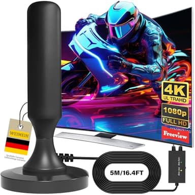 Antenna TV Interna 2025 Antenna TV Interna Amplificata Potente, Terrestre con 450 km di Ricezione con Base Magnetica, Amplificatore di Segnale Support 4K HD/1080P per HDTV