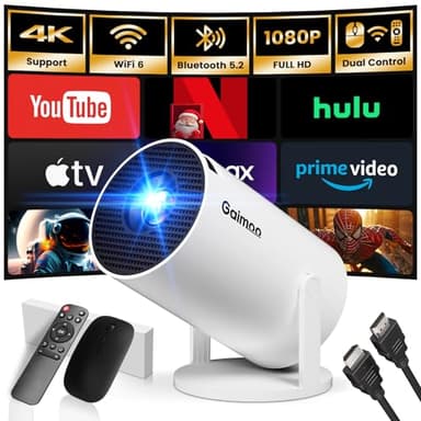 [App integrata] Mini Proiettore 1080P 2025 Upgraded Proiettore Portatile Dual Control con Mouse Android TV Auto Keystone WiFi 6 BT5.2 Ruotabile 180° HDMI/TV Stick/USB/PS5/Laptop, con Cavo HDMI & Mouse