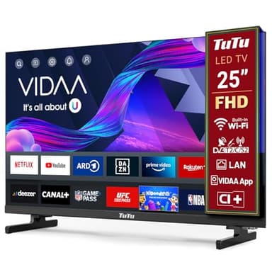 TuTu Smart TV 25 Pollici (64 cm) Televisori Full HD 1080P Triplo Tuner App Store WiFi HDMI USB Modalità hotel (TUV25FQ1B, 2024)