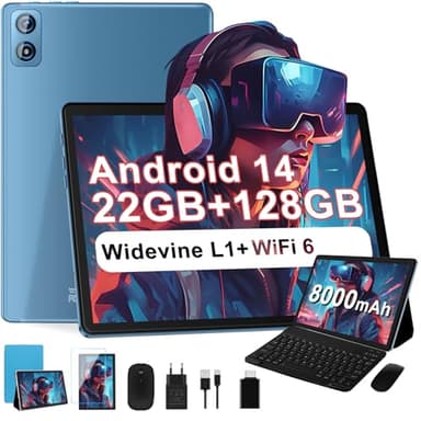 2025 Newest Tablet 10 pollici Android 14, 22GB RAM+128GB ROM/TF 1TB, 8-core 2.0GHz, 8000mAh, UFS 2.1 Flash, Corpo in Metallo, Doppio WiFi, BT5.0, 8+5MP, Widevine L1, Con Tastiera e Mouse, Blu