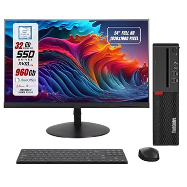 Lenovo, Postazione Completa, Pc Desktop Intel i5-6th 4 Core, Ram 32Gb SSD 960Gb, Monitor 24" FHD, Win 10 e Libre Office, Compreso di Mouse e Tastiera (Ricondizionato)