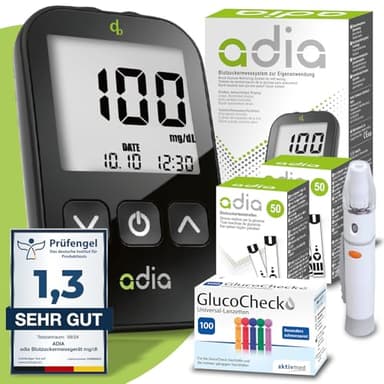 adia glucometro (mg) + 110 strisce per glicemia + 110 lancette, 1 pungidito, 1 astuccio, glicemia misurare kit completo per il monitoraggio della glicemia per diabetici