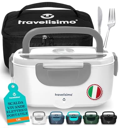 TRAVELISIMO Scaldavivande Elettrico Portatile, 80W 1,5L Porta Pranzo Riscaldabile, 220V/12V/24V Scalda Vivande Portatile Elettrico per Auto Camion e Ufficio, Contenitore Termico Per Alimenti Caldi