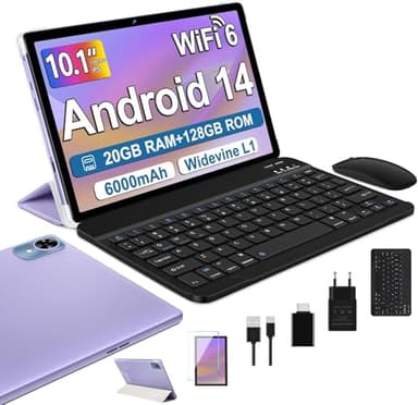 fezawio tablet 10 pollici Android 14 20GB RAM+128 GB ROM, Widevine L1/ Octa-Core/tablet 5G WiFi6 / (1TB TF) con tastiera e mouse + assicurazione di rottura dello schermo di un anno -(viola)