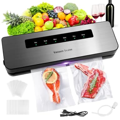 RISVOWO Macchina Sottovuoto Alimenti, Sigillo Più Lungo da 30mm Automatica Sigillatore sottovuoto con 6 Modalità per Alimenti Secchi che Umidi con 10 Sachetti Sottovuoto e Tubo Sottovuoto