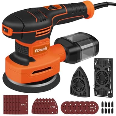 GOXAWEE 450W Levigatrice Orbitale, 6 velocità, 7000-14000 giri/min, 18PCS Dischi Abrasivi 125mm (80, 150, 240 Grani), Levigatrice Elettrica con Scatola di Raccolta della Polvere