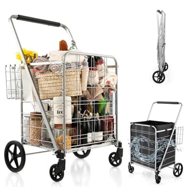 GYMAX Carrello Porta Spesa, Carico 100 kg, 100+22 L, 4 Ruote (2 Ruote Universali), Trolley Pieghevole, in Metallo, 64 x 64 x 101,5 cm (Argento con Borsa)