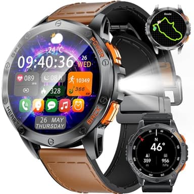 Orologio GPS da uomo con torcia a LED, display Amoled da 1,43", con batteria da 530 mAh, impermeabile, 10 ATM, modalità sportive, frequenza cardiaca/contapassi, altimetro, bussola per iOS/Android
