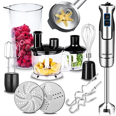 Lehmann Set frullatore a immersione Chopsui, 1200 W, frullatore ad immersione con funzione turbo e controllo della velocità, miscelatore elettrico multifunzione manuale, incluso set di accessori da 9