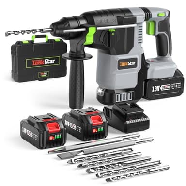 TaskStar Tassellatore a Batteria, Martello Demolitore con Modalità a Impulsi con Batterie da 2*5,0Ah, Trapano a Percussione 3J per la Perforazione del Calcestruzzo e la Rimozione di Pareti, Piastrelle