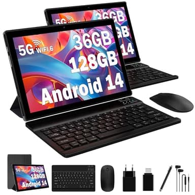 FLYCOAY Tablet 10 Pollici Android 14,36GB RAM 128GB ROM (TF 1TB) con 5G WiF 6/2.0GHz, Batteria 8000mAh, Tablet con Custodia, Tastiera, Mouse e Cuffie-Nero