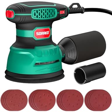 SORAKO Levigatrice Orbitale 350W, 6 Velocità Regolabili, Carta Vetrata 16 pezzi, Levigatrice Elettrica con Raccolta Polvere e Funzione di Frenata Rapida, Adatta per Levigare, Lucidare Legno, fai da te