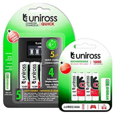 Uniross Caricabatterie Rapido AA/AAA con 4 Batterie Ricaricabili Hybrio Stilo AA 1,2V 2000mAh + 4 Batterie Ricaricabili Hybrio Ministilo AAA 1,2V 900mAh