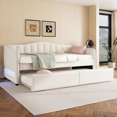 Jovify Letto Imbottito con Letto Estraibile 90x200 cm, Divano Letto con LED, Rete a Doghe, Letto Ospiti Daybed Bambini, Struttura Letto Singolo, Sofà senza Materasso, Beige