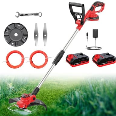 Bamse Decespugliatore a Batteria 21V, Tagliabordi Elettrico Brushless con 2 Batterie 2,0Ah, 2 Lame, 2 Taglio Linee, Impugnatura Regolabile, Tubo Telescopico, Testa Girevole 90° per Giardino Potatura