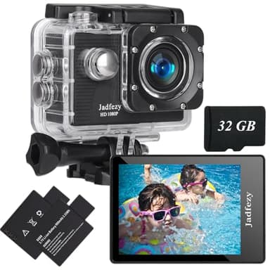 Jadfezy Action Cam 1080P con scheda da 32 GB, Macchina Fotografica Subacquea impermeabile 30M, Fotocamera Subacquea con Due 900mAh Batterie Ricaricabili e Kit Accessori