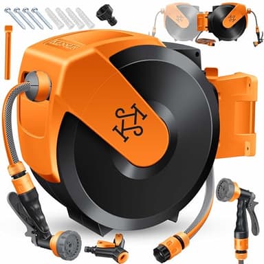 KESSER® Avvolgitubo con Tubo da Giardino 15 m, a Parete, Avvolgitubo girevole a 180° e a rientro automatico, Portagomma a Parete con Doccia a mano a 7 funzioni, Nero/Arancione