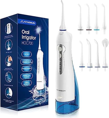 Idropulsore Dentale Portatile con 8 Ugelli Hangsun Irrigatore Dentale, 3 Modalità e Capacità 300ML, USB Ricaricabile per Ortodontico, Famiglia