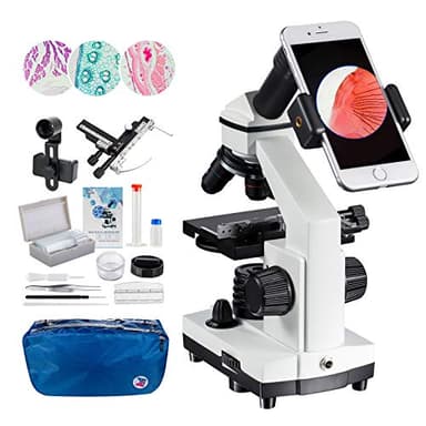 MAXLAPTER 2000x Microscopio Composto con Righello Movibile LED da Laboratorio con Vetrini Preparati & Vergini ed Accessori,Microscopio Adattatore per Obiettivo