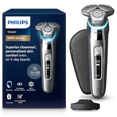Philips Shaver S9000 - Rasoio elettrico Wet & Dry per uomo, con tecnologia Lift & Cut, tecnologia SkinIQ, rifinitore a scomparsa, supporto di ricarica e custodia da viaggio (modello S9975/35)