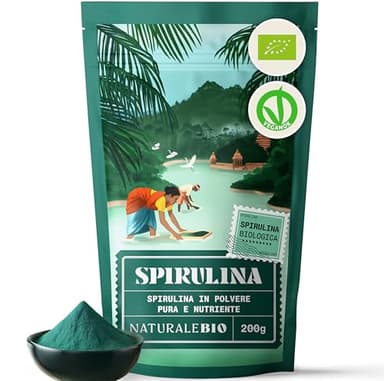Alga Spirulina Biologica in Polvere 200g. Bio, Naturale e Pura, Coltivata nelle regioni tropicali dell'Asia. Ideale in bevande, frullati o per Ricette. Adatta a Vegetariani e Vegani.