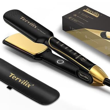 Terviiix Piastra Larga Capelli in Titanio, 24K Salone Professionale Piastra per Capelli e Arricciacapelli 2 in 1, 30s Riscaldamento Veloce, Doppia Tensione, 60 minuti di Spegnimento Automatico, 45mm