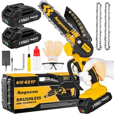Brushless Mini Motosega a Batteria, Motosega Elettrica a Batteria,6 Pollici Motosega Elettrica, 2 Batteria Ricaricabile, con Blocco di Sicurezza, per il Taglio del Legno