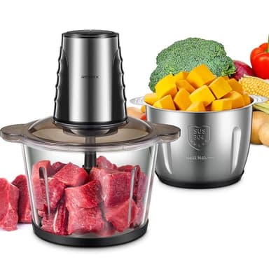 Tritatutto da Cucina Elettrico con 2 Grandi Ciotole (3L+3L), Mini Tritatutto Elettrico, 2 Velocità, 1 Lama a Doppio Livello, Tritacarne con Motore in Rame da 500W per Alimenti