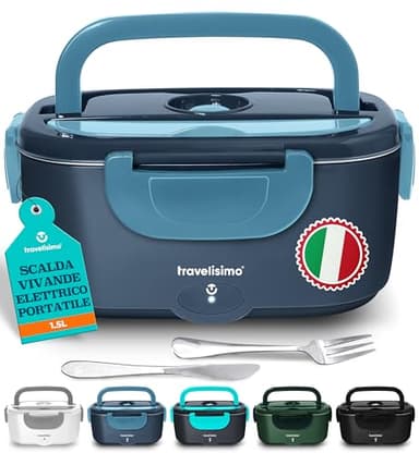 TRAVELISIMO Scaldavivande Elettrico Portatile, 80W 1,5L Porta Pranzo Riscaldabile, 220V/12V/24V Scalda Vivande Portatile Elettrico per Auto Camion e Ufficio, Lunch Box Termico di Acciaio Inossidabile
