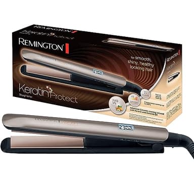 Remington Piastra per Capelli - Keratin: Rivestimento Ceramico di alta qualità con Cheratina e olio di mandorle - Display LCD, 9 impostazioni di temperatura 150-230°C, piastra per capelli S8540